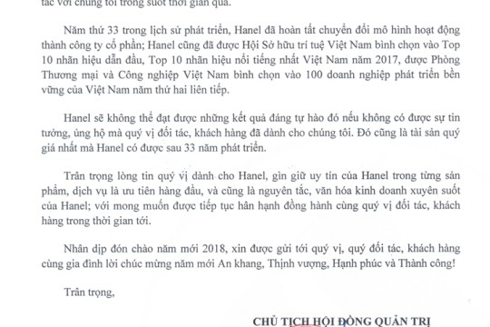 CHỦ TỊCH HĐQT HANEL GỬI THƯ TRI ÂN CÁC DOANH NGHIỆP, TỔ CHỨC, ĐỐI TÁC, KHÁCH HÀNG NHÂN DỊP KỶ NIỆM 33 NĂM NGÀY THÀNH LẬP CÔNG TY